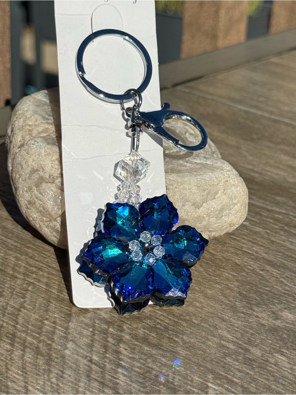NWT Crystal Handmade Flower Keychain - Blue Accent